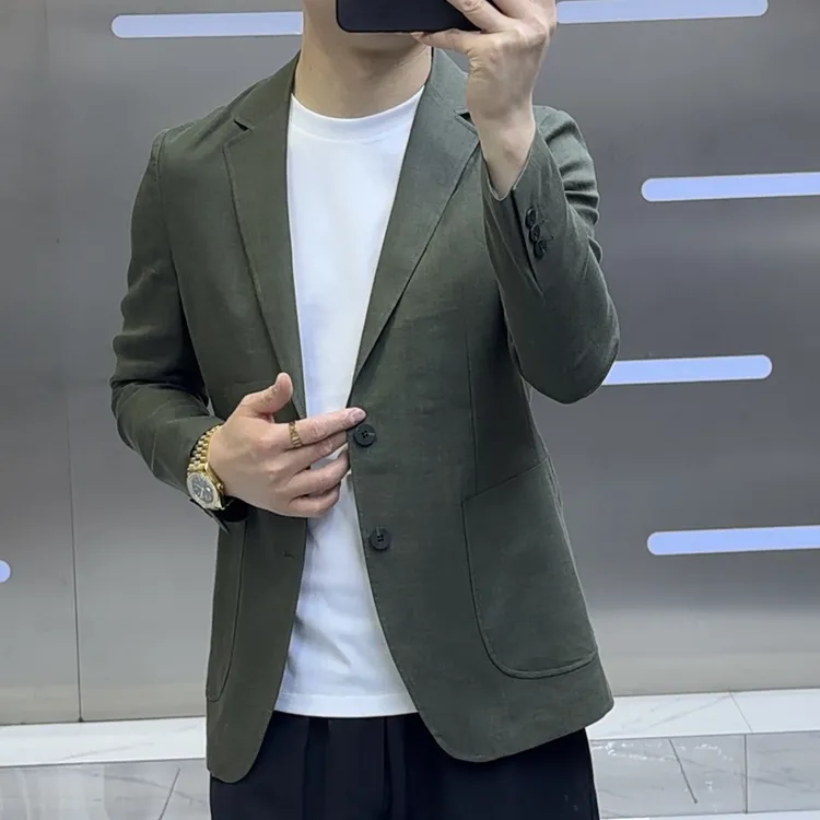 春秋薄款修身西服上装潮流休闲夏季无痕修身西装绿色百搭春季
