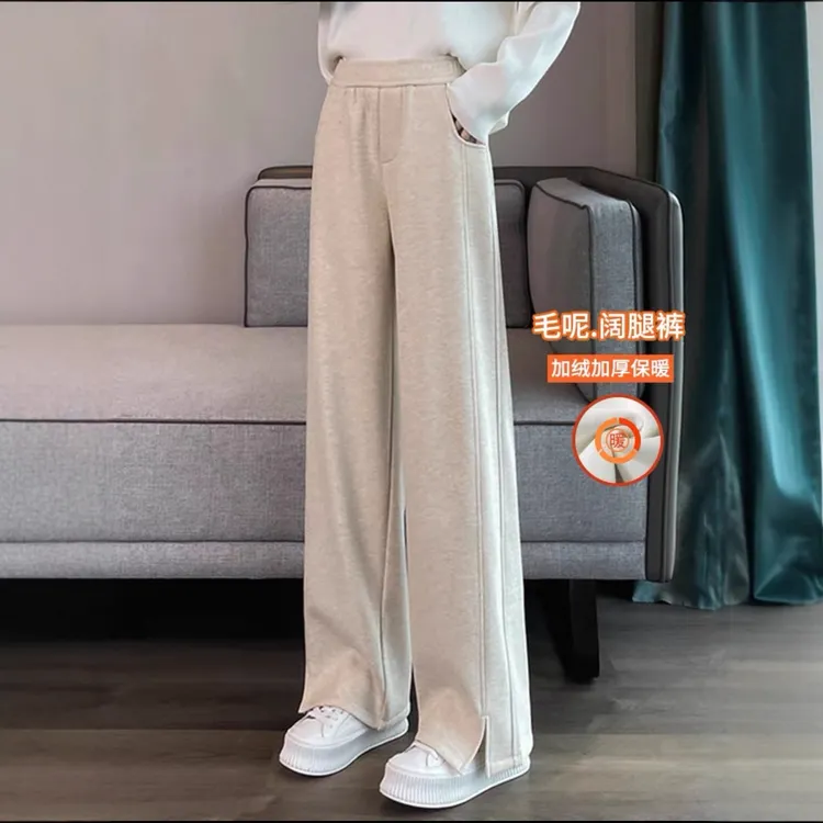 呢子加绒加厚毛呢裤子女秋冬阔腿裤女宽松直筒运动休闲女裤开叉香