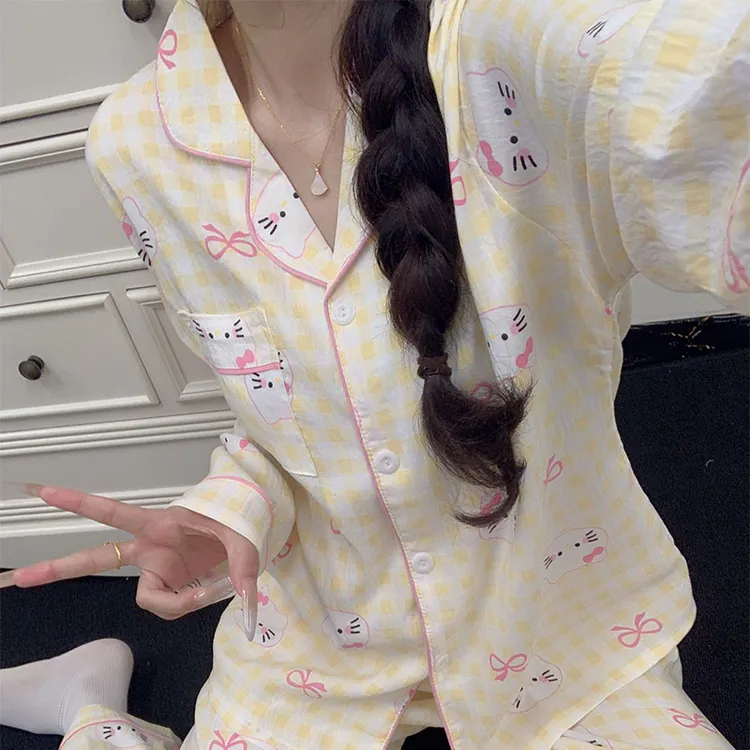 春秋季爆款甜美风格子睡衣女款云朵棉女士长袖长裤家居服学生套装