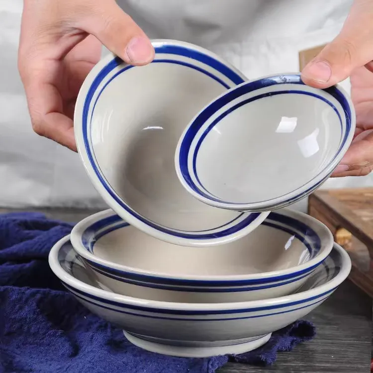 土陶老式双线碗仿古农家粗陶手绘小酒碗家用蒸菜碗火锅料碗餐具