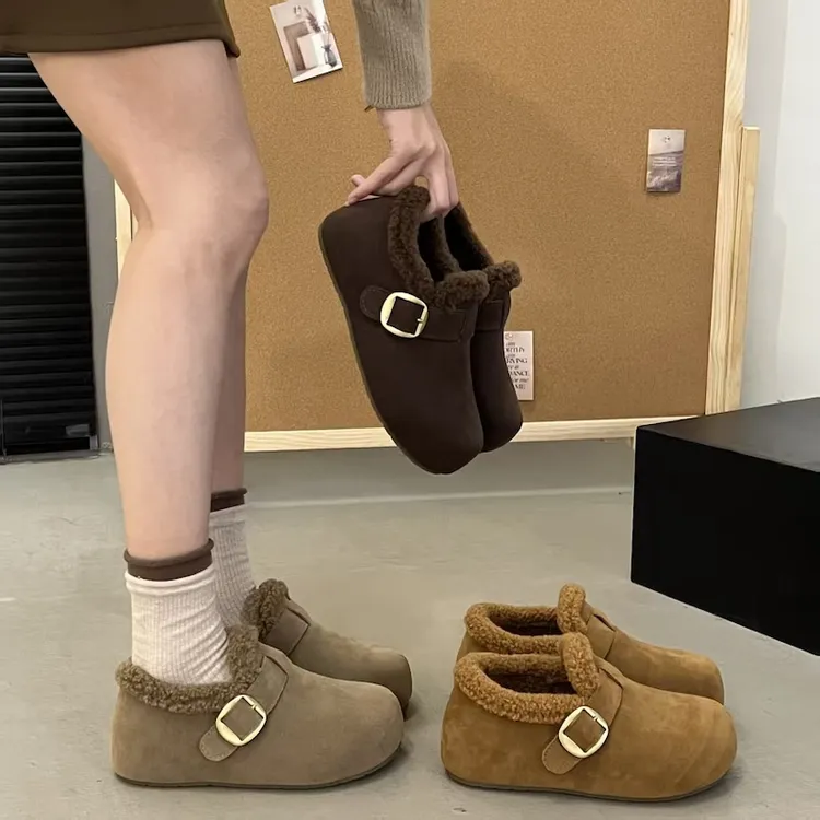 女鞋牛皮勃肯鞋女冬季加绒保暖搭子厚底一脚蹬毛毛鞋W99