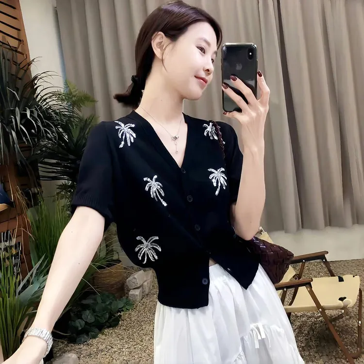 小香风冰丝泡泡袖针织开衫女夏季2025新款黑色收腰显瘦短款上衣薄