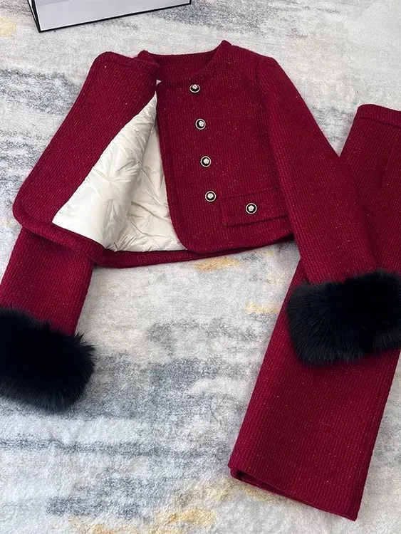 2025冬季新款法式小香风仿狐狸袖毛羽绒外套高腰半身裙轻奢套装女