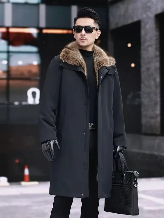 高级轻奢 美洲貉子毛内胆 派克服男士 内胆可拆卸 长款过膝大衣