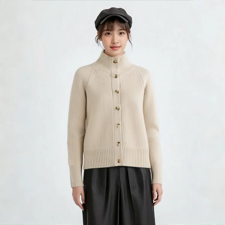 秋冬新款高品质山羊绒轻奢女针织开衫立领外套宽松插肩袖加厚上衣