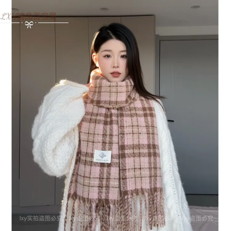 “蔷薇梦境”秋冬新款粉色格子围巾保暖加厚学生氛围围脖情侣高级感