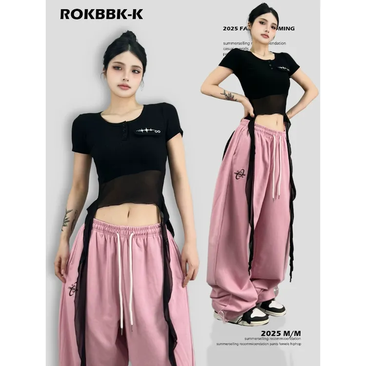 ROKBBK-K布韩街舞潮牌夏季网纱印花短袖T恤辣妹爵士舞紧身短袖