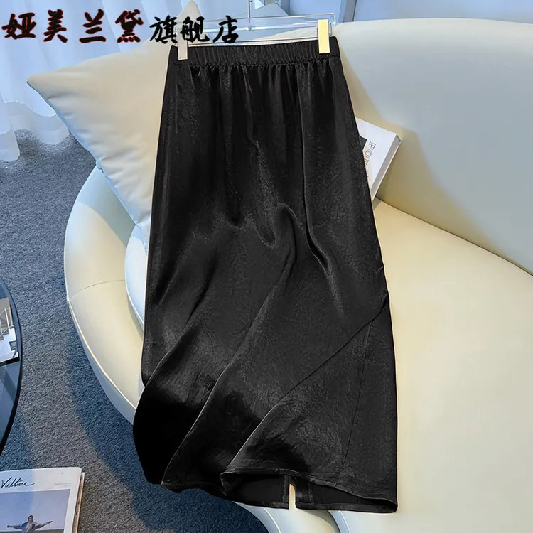 黑色醋酸半身裙女夏季薄款高级感国风印花a字裙后开叉直筒包臀裙