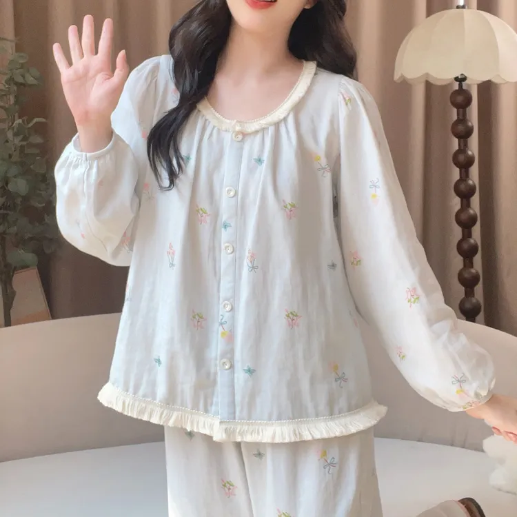 【6016浅蓝】秋季甜美长袖纯棉可外穿公主家居服睡衣宽松睡衣套装
