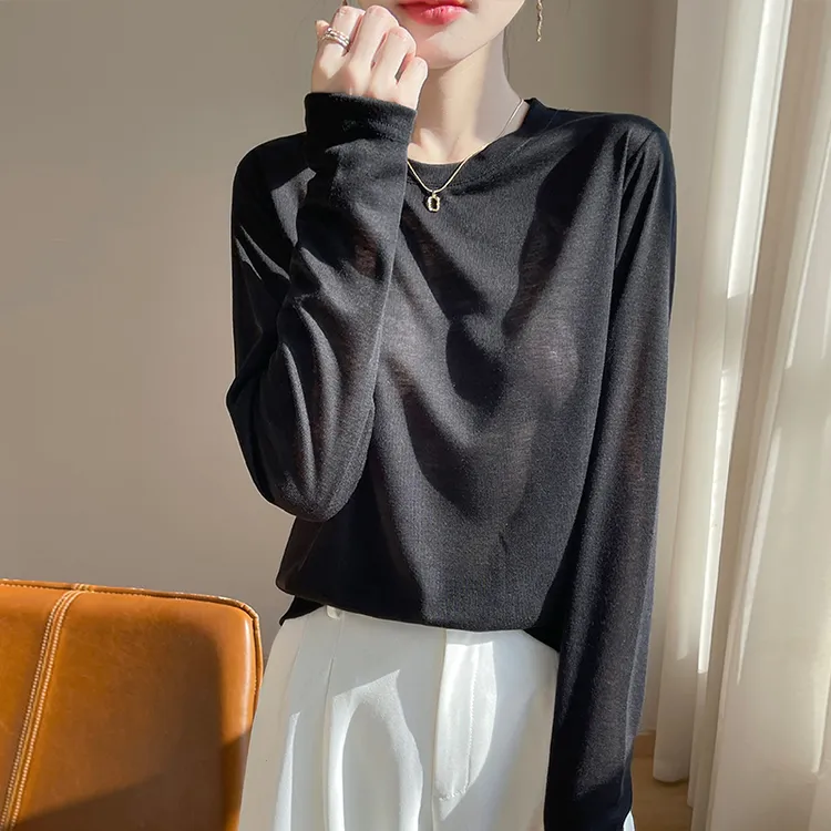 春秋新款100莱赛尔天丝薄款纯色长袖宽松显瘦T恤女百搭纯色打底衫