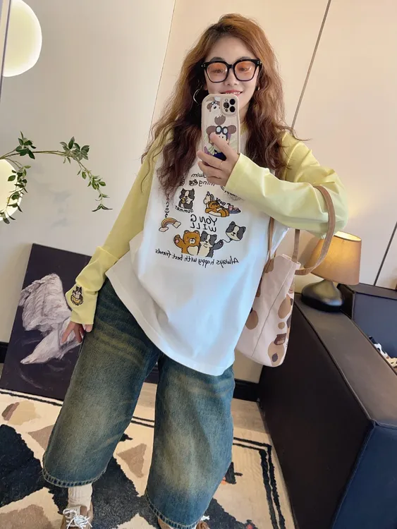 Yongwill重工立体刺绣度假狗撞色插肩长袖T恤打底1131(90-150斤）