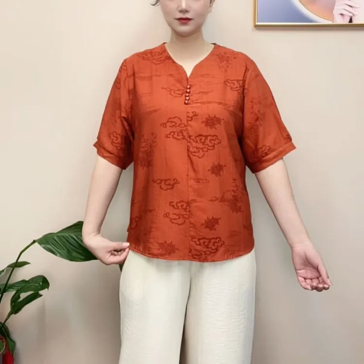 夏季新款纯色百搭时尚高级圆领短袖妈妈装