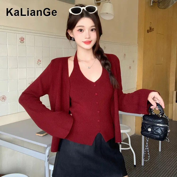 卡莲格/秋季辣妹挂脖背心开衫套装女2025新款氛围感遮肉显瘦上衣