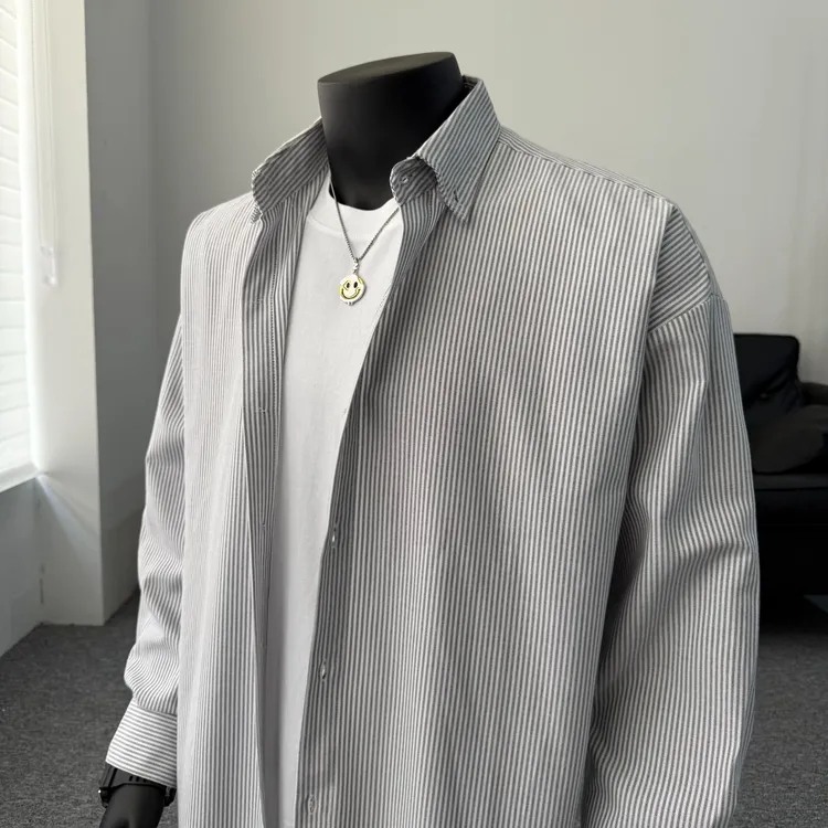 vintage复古灰色条纹长袖衬衫外套男春秋高级感痞帅宽松休闲衬衣