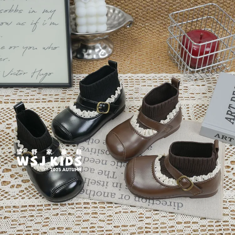 望舒家韩版女童洋气百搭加绒皮靴袜靴秋冬季复古森系短靴30