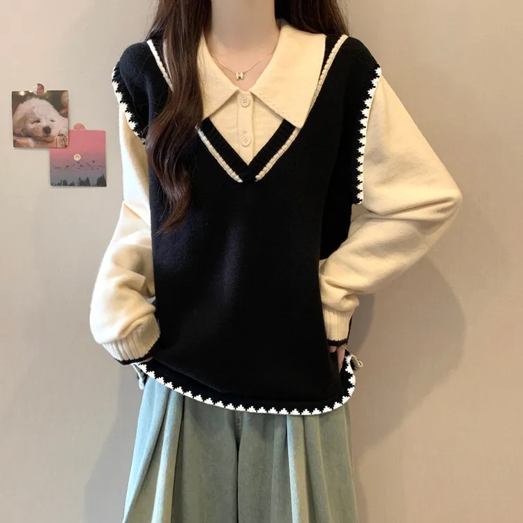 大码假两件polo领衬衫秋冬毛衣显瘦宽松遮肚子胖mm高级感针织上衣