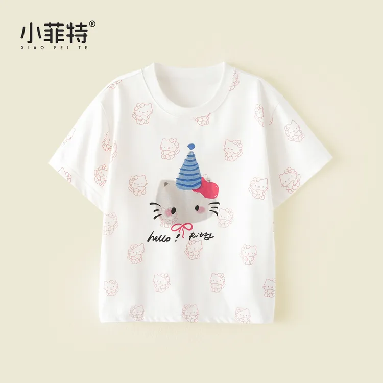小菲特夏季新款女童可爱印花白色短袖t恤薄款圆领上衣YNYX51214