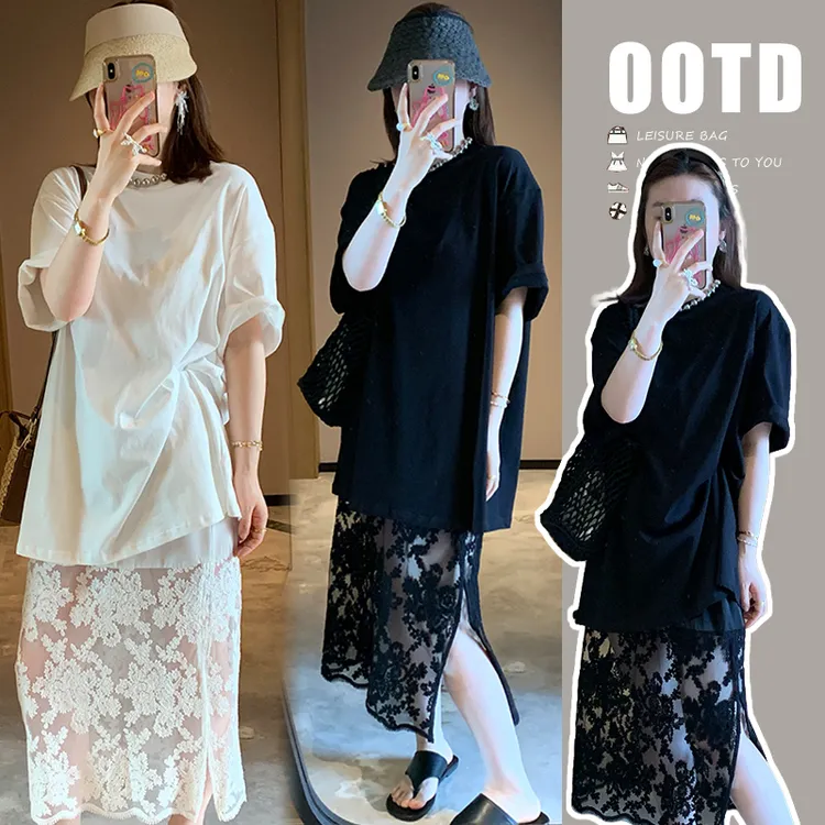 孕妇装洋气2025夏上衣宽松舒适短袖棉T恤半身裙蕾丝裙套装两件套