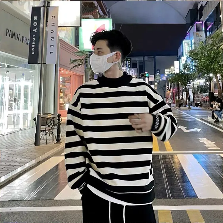春秋条纹卫衣男美式高街潮牌假两件上衣圆领套头内搭长袖打底衫
