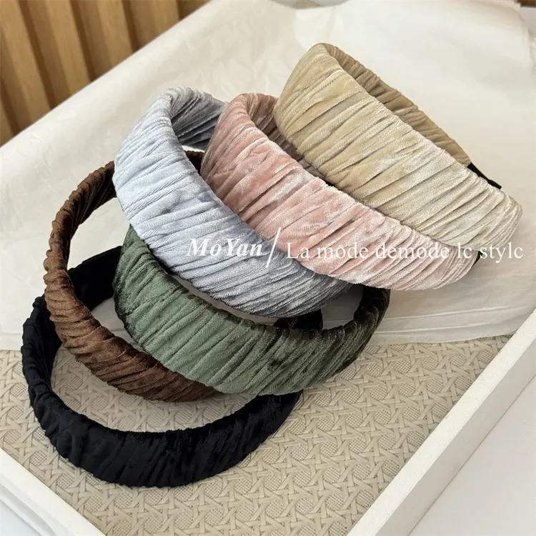 复古气质绒面发箍百搭纯色宽边褶皱丝绒头箍女慵懒氛围感压发发卡