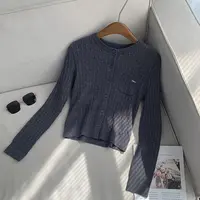 【南油溪溪】秋冬灰色羊毛针织开衫女圆领百搭长袖麻花织外套801009