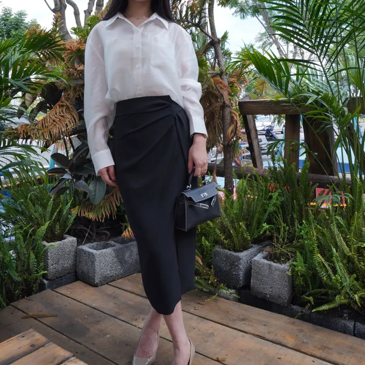 迪维亚夏款设计高腰褶皱遮胯显瘦侧开叉A字裙中长裙气质职业百搭