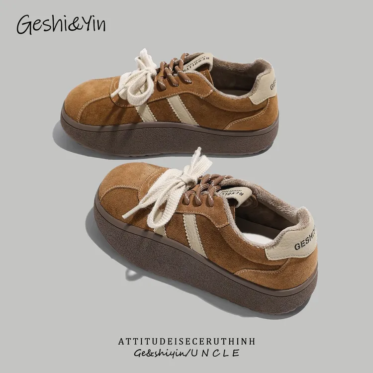 歌诗茵复古德训鞋女2025秋冬加绒磨砂绒面厚底松糕休闲鞋百搭板鞋