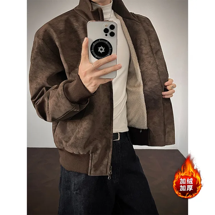 美式扎染pu皮衣夹克棉服男女款冬季加绒加厚棉衣cleanfit情侣外套