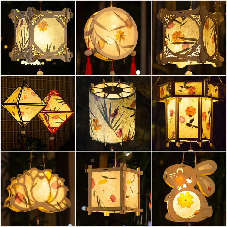 中秋节灯笼手工diy材料包手提发光小兔子花灯古风宫灯摆摊