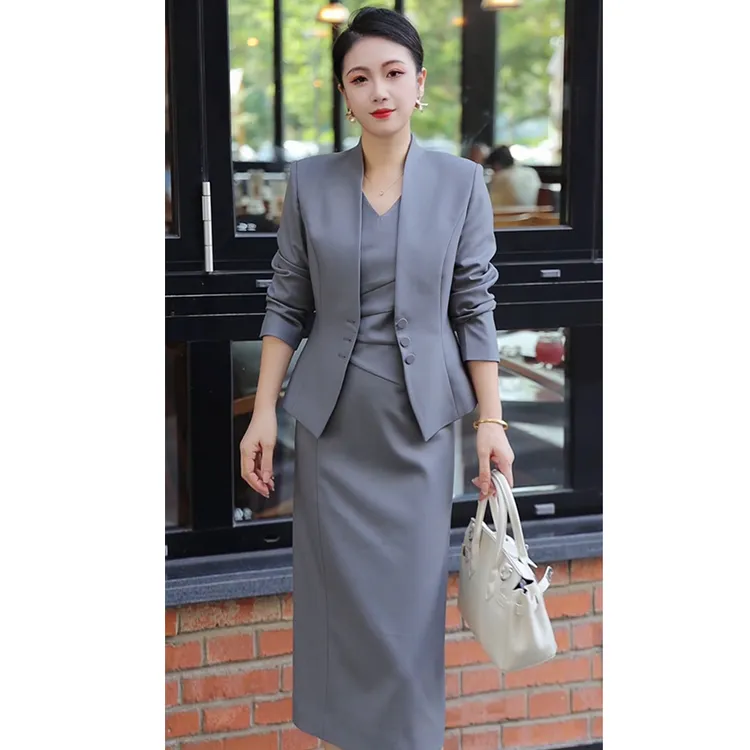 小西装休闲长袖职业装西装裙职业女裙套装时尚女神范A1002灰