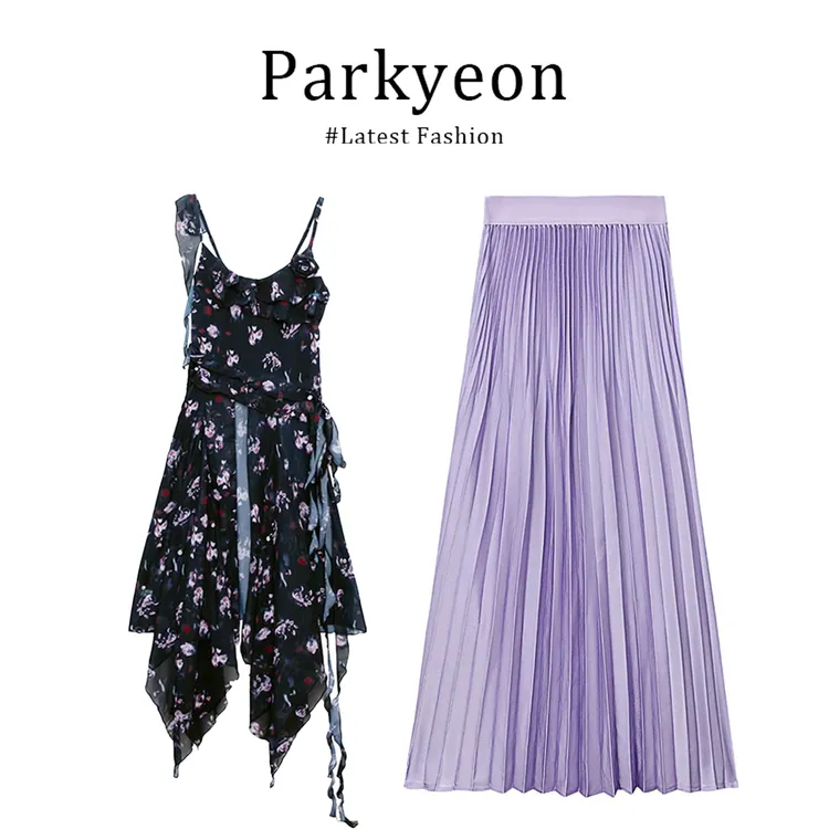 parkyeon不规则设计感碎花吊带连衣裙女高腰显瘦百褶半身裙套装夏