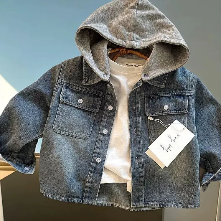 儿童2025春季新款牛仔外套男童连帽牛仔帅气宝宝洋气夹克女童上衣