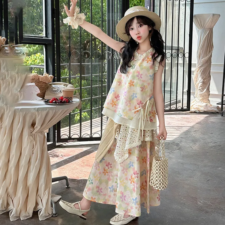 夏日女童小裙子多巴胺穿搭一套温柔度假风儿童法式甜美连衣裙套装