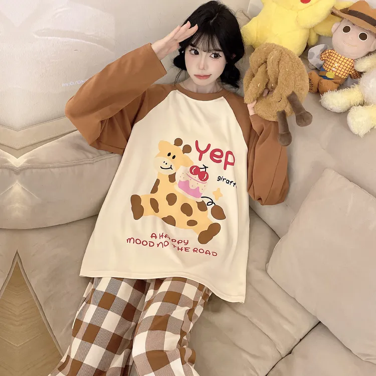 春秋季纯棉睡衣女士长袖可爱卡通少女款大码可外穿家居服学生套装