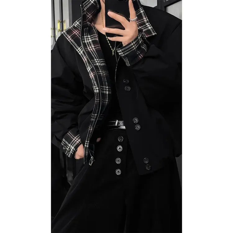 龙刀刀秋冬新品美式复古格纹拼接立领棉服男宽松百搭痞帅外套