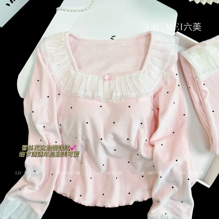 软糖海岛绒冬季新款蕾丝花边波点设计保暖带胸垫可外穿套装家居