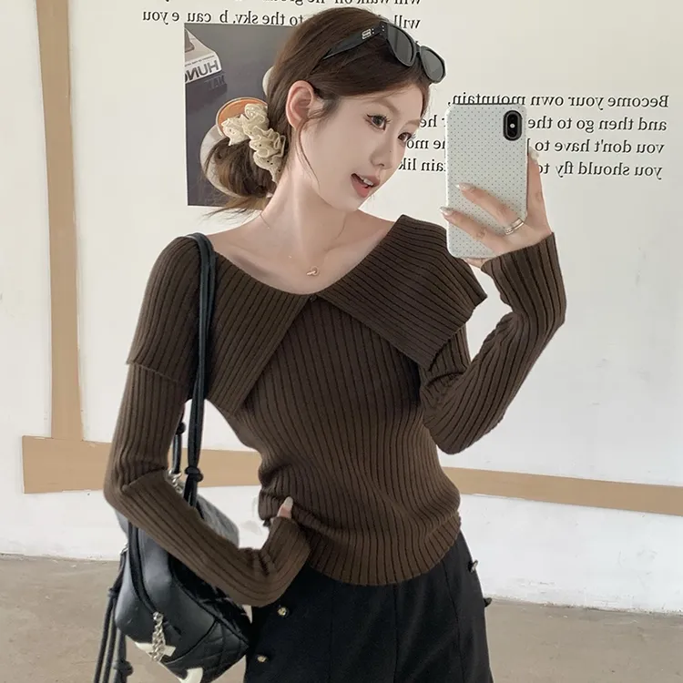 韩版时尚修身大翻领针织衫女装秋季新款打底衫上衣高级感洋气毛衣