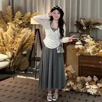 【9067】韩系秋季套装女吊带背心长袖掐腰罩衫高腰半身裙子三件套