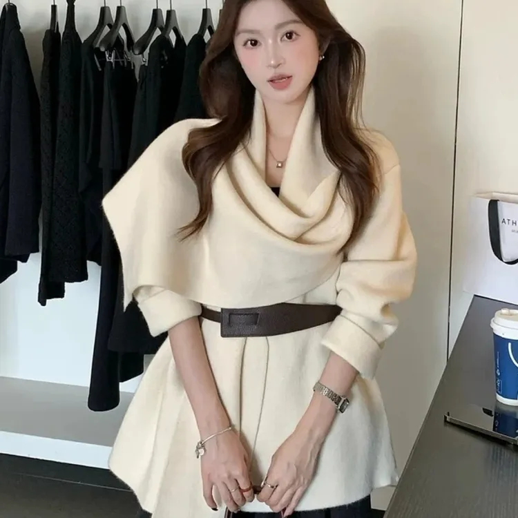 韩系气质松弛氛围感围巾领气质慵懒针织开衫外套短外套