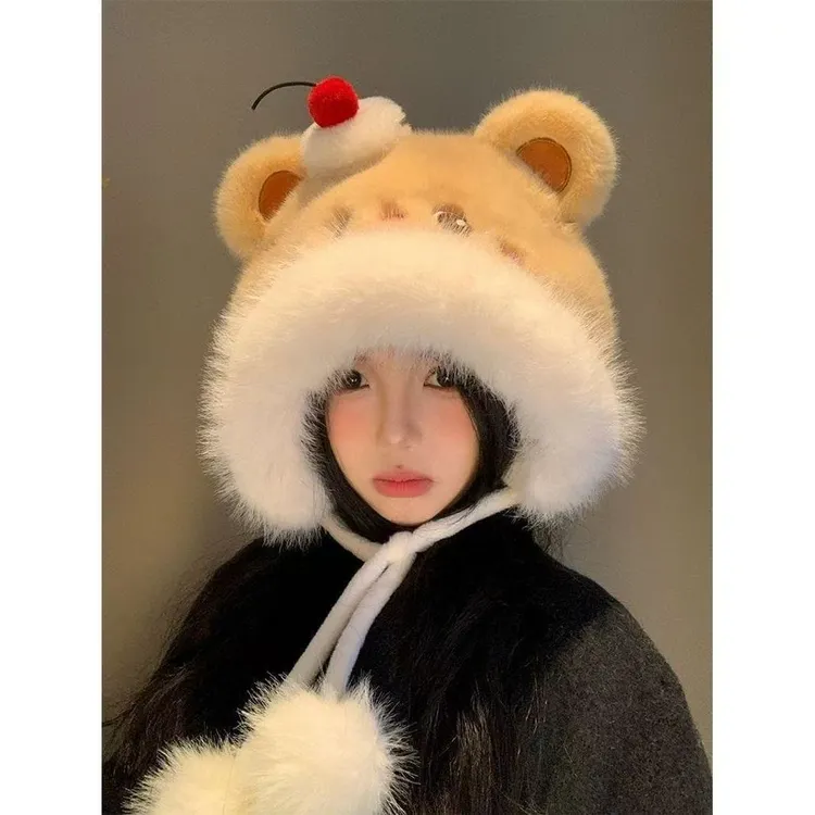 可爱蛋糕小熊毛绒帽子女2025年秋冬季百搭显脸小护耳帽保暖帽X