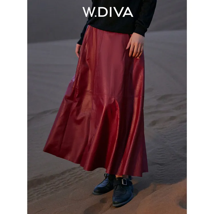 W.Diva【约会心动】摩登复古高级时髦羊皮半裙慵懒风女装53K242725