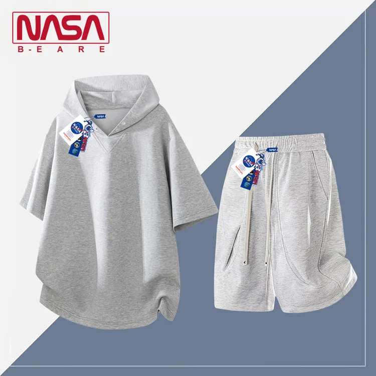 NASA联名美式连帽短袖套装男士夏季休闲运动青少年T恤短裤两件套