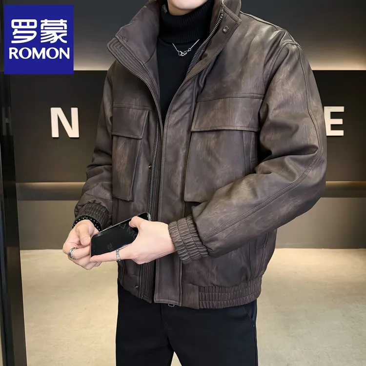 Romon/罗蒙2025年冬季男士机车PU皮面羽绒服夹克立领加绒加厚外套
