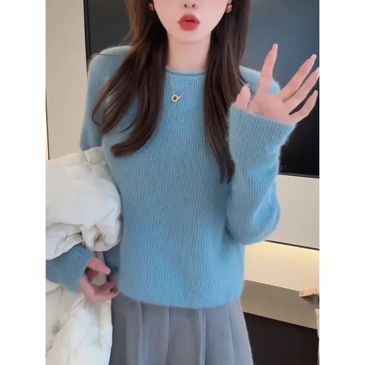 蓝色毛衣针织衫女秋冬季慵懒风宽松软糯减龄洋气显瘦内搭长袖上衣