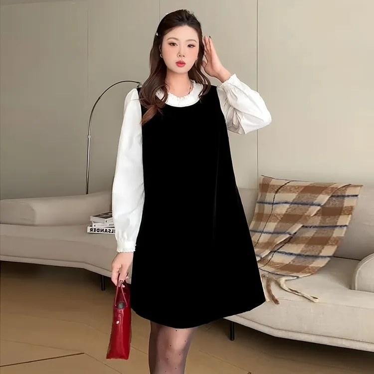 大码女装气质假两件拼接连衣裙冬季新款微胖mm宽松显瘦内搭短裙子