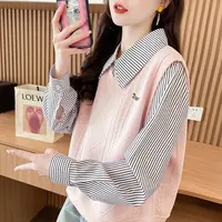 短款条纹拼接假两件卫衣女2025春秋薄款宽松韩版学院新款POLO上衣