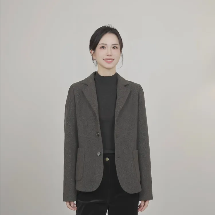 小禾【时光格纹】羊毛混纺翻领经典人字粗纹理单排扣毛呢短外套西装