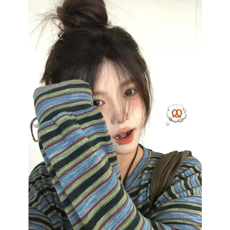 韩系慵懒设计感条纹复古长袖卫衣女秋季小众休闲圆领宽松套头上衣