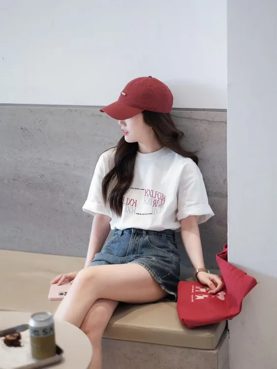 2025夏季新款韩系简约白色宽松白色短袖t恤高腰复古牛仔短裤套装