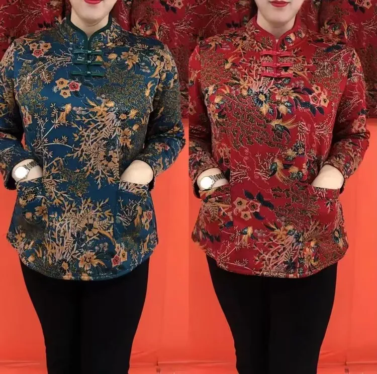 冬季时尚国风盘扣加绒保暖妈妈装上衣